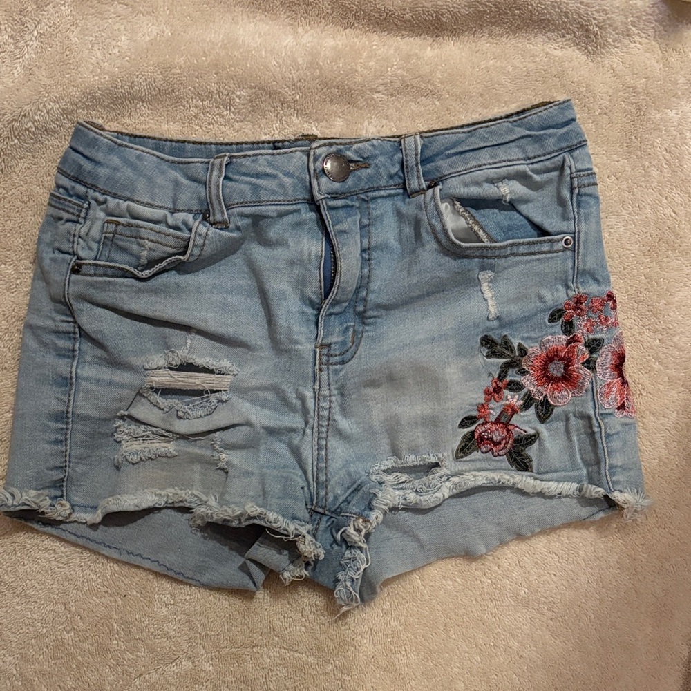 Wax Jean Light Blue Floral Embroidered Shorts